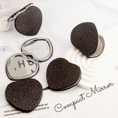 Glitter Gilt Leather Heart-Shaped Makeup Mirror, 7cm In-Stock, Available in Pink, Black, Gold, and Rose Gold, Silver Plating