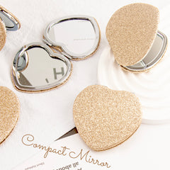 Glitter Gilt Leather Heart-Shaped Makeup Mirror, 7cm In-Stock, Available in Pink, Black, Gold, and Rose Gold, Silver Plating