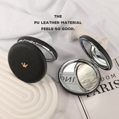 1PC Round Environment-friendly Leather  Folding Double Side Compact Mirror 2X Magnification Beautiful Metal Crown Decoration Can Be Used As A Gift For Mom Sister Or Friend Suitable As A Gift For Various Festivals And Also Suitable For Various Occasions