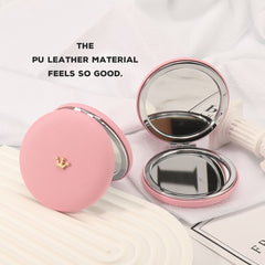 1PC Round Environment-friendly Leather  Folding Double Side Compact Mirror 2X Magnification Beautiful Metal Crown Decoration Can Be Used As A Gift For Mom Sister Or Friend Suitable As A Gift For Various Festivals And Also Suitable For Various Occasions