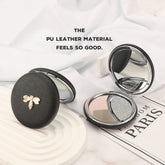 1PC Round Environment-friendly Leather Folding Double Side Compact Mirror 2X Magnification Beautiful Metal Bee Decoration Can Be Used As A Gift For Mom Sister Or Friend Suitable As A Gift For Various Festivals And Also Suitable For Various Occasions