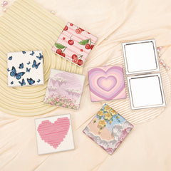 1PC PU Leather Makeup Mirror Square Folding Double-sided Cosmetic Mirror  2X Magnification Beautiful Lovely Prints Are Suitable For Girls As Gifts For Various Festivals And Also Suitable For Various Occasions At Home Outside And Other Occasions