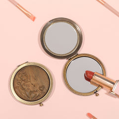 Round Makeup Mirror Metal Frame With Wood Grain Carving 2X Magnification Dual-Sided HD Mirror For Precise Makeup Elegant Design