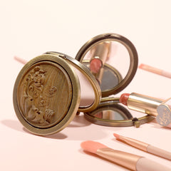 Round Makeup Mirror Metal Frame With Wood Grain Carving 2X Magnification Dual-Sided HD Mirror For Precise Makeup Elegant Design