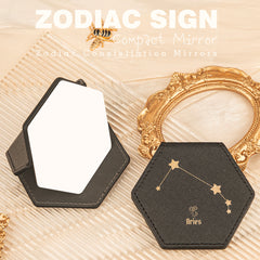 1 PC Hexagon Single-Sided Makeup Mirror Zodiac Series Premium Leather Shell Durable Stainless Steel Frame Unique Astrology Design Ideal For Personal Use Perfect Gift For Friends Or Family Compact And Portable For Home Office Or Travel