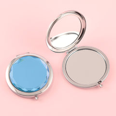Dream Blue Crystal Glass Button Cosmetic Mirror, Light And Luxurious ,Silver Plating, Fashionable Metal Frame, Round Design Blooming Elegant Luster, Let Your Every Moment Shine Like A Gem,Available In Three Colors,Blue, Yellow and Pink