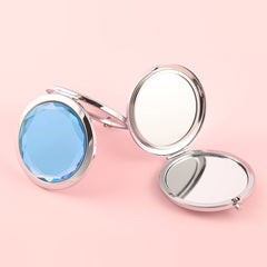 Dream Blue Crystal Glass Button Cosmetic Mirror, Light And Luxurious ,Silver Plating, Fashionable Metal Frame, Round Design Blooming Elegant Luster, Let Your Every Moment Shine Like A Gem,Available In Three Colors,Blue, Yellow and Pink