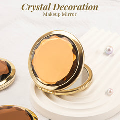 Dream Blue Crystal Glass Button Cosmetic Mirror, Light And Luxurious ,Silver Plating, Fashionable Metal Frame, Round Design Blooming Elegant Luster, Let Your Every Moment Shine Like A Gem,Available In Three Colors,Blue, Yellow and Pink