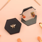 Contemporary Style 90*80mm Stainless Steel Hexagon Mirror with Eco-friendly PU Leather, HD Eco-friendly Glass, and Metal Bee decorate Available in Four Colors