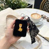 Black Plush Keychain Compact Mirror with Ribbon Scarf, Cute Cartoon Embroidery, Double-Sided HD Makeup Mirror, Portable Travel Cosmetic Mirror for Women Girls, Purse Charm Accessory