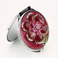 Vintage Floral Compact Mirror with Rhinestones, Double-Sided Folding Makeup Mirror, Portable Pocket Mirror