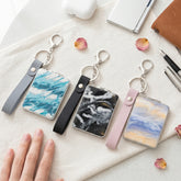 Rectangle Marble Swirl Acetate Compact Mirror Keychain with Snap Leather Wrist Strap, Double Sided Folding Makeup Mirror with 95% High Reflectivity Lens, Portable Pocket Mirror for Purse Travel, Gift for Women Teen Girls
