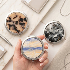 Round Button Compact Mirror with Acetate Acrylic Inlay, Double-Sided Glass Mirror, Metal Frame Pocket Mirror for Women, Travel Makeup Mirror for Purse, Handbag & Daily Touch-Ups