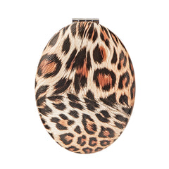 Oval Leopard Print PU Leather Compact Mirror - Trendy Padded Cushioned Silver Metal Double-Sided Folding Pocket Vanity Mirror with HD Glass for Purse, Travel, Animal Print Lovers & Gifts 🐆🪞✨