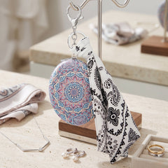 Boho Mandala Compact Mirror with Silk Scarf Keychain – Portable PU Leather Double-Sided Travel Mirror – High-Definition Vanity Mirror with Ribbon Charm for Purses, Handbags & Backpacks – Stylish Gift for Women & Girls 🌸✨