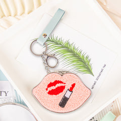 Cute Plush Lip-Shaped Compact Mirror with Keychain & Wrist Strap, Double-Sided Pocket Makeup Mirror, Embroidered Design, Portable Cosmetic Mirror for Women, Girls, Travel & Gifts