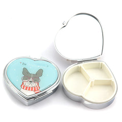 Heart-Shaped Cat Print Pill Box with Mirror, Cute Animal Pattern Portable Pill Organizer, 3-Compartment Eco-Friendly Pill Case with 95% High Reflectivity Mirror for Purse/Travel, Gift for Women & Girls