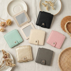 Litchi Grain PU Leather Square Compact Mirror with Snap Button Closure - Multi-Color Cute HD Double-Sided Folding Travel Mirror
