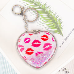 Heart Shaped Quicksand Compact Mirror Keychain Liquid Glitter Floating Sequins Folding Pocket Mirror Dual Sided Metal Frame
