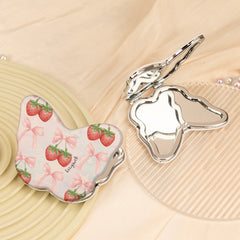 Cute Butterfly Compact Mirror PU Leather Folding Pocket Mirror Silver Plated Plastic Frame Double Sided Strawberry Vanity