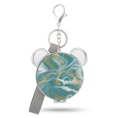 Bear Ear Marble Acetate Compact Mirror Keychain with Leather Strap, Double-Sided Folding Makeup Mirror with 95% High Reflectivity Lens, Cute Portable Purse Mirror for Women & Girls