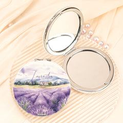 Lavender Field Compact Mirror Round PU Leather Folding Pocket Mirror Silver Metal Frame Dual Sided HD Glass Travel Vanity
