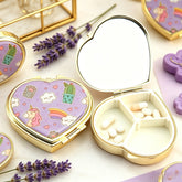 Heart-Shaped Gold Plated Pill Box with Mirror, Cute Cartoon Print Portable Pill Organizer, 3-Compartment Eco-Friendly Pill Case with 95% High Reflectivity Mirror for Purse/Travel, Gift for Women & Girls