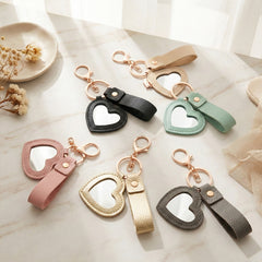 Litchi Grain PU Leather Heart-Shaped Compact Mirror Keychain - Multi-Color Cute HD Swivel Folding Double-Sided Travel Mirror