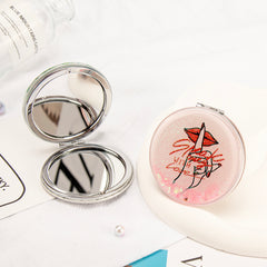 Red Lips Quicksand Compact Mirror Round Liquid Glitter Folding Pocket Mirror Dual Sided Plastic Frame Makeup Vanity Mirror