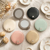 Litchi Grain PU Leather Round Compact Mirror with Snap Button Closure - Multi-Color Cute Double-Sided Folding Travel Mirror - Slim Pocket Purse Vanity Mirror for Women, Girls & Students 🪞✨