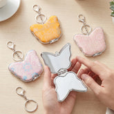 Butterfly Shaped Compact Mirror Keychain for Women & Girls, Double-Sided Makeup Mirror with Song Brocade Fabric Cover, Portable Butterfly Pocket Mirror with Glass Mirror & Key Ring for Travel and Daily Use