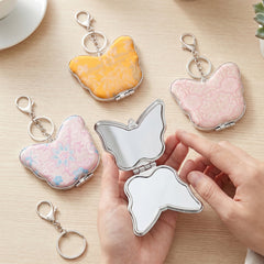 Butterfly Shaped Compact Mirror Keychain for Women & Girls, Double-Sided Makeup Mirror with Song Brocade Fabric Cover, Portable Butterfly Pocket Mirror with Glass Mirror & Key Ring for Travel and Daily Use