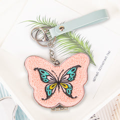 Butterfly Plush Compact Mirror with Keychain, Double-Sided Makeup Mirror, Embroidered Short Plush Pocket Mirror, Portable Cosmetic Mirror for Women, Girls, Travel & Gifts