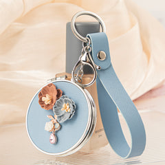 Round PU Leather Compact Mirror Keychain Wristlet 3D Camellia Flower Crystal Pendant Dual Sided Pocket Mirror Plastic Frame CZPU2405664