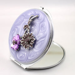 Vintage Purple Epoxy Resin Floral Compact Mirror - Luxury Round Silver Metal Double-Sided Folding Pocket Vanity Mirror with Rhinestone