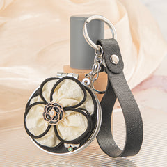 Round PU Leather Compact Mirror Keychain Wristlet 3D Camellia Flower Crystal Pendant Dual Sided Pocket Mirror Plastic Frame CZPU2405664