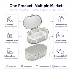 Custom metal pill box for pharmacy, supplement, beauty, promotional gift and travel souvenir markets