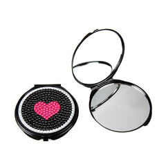 Bling Rhinestone Compact Mirror Black Metal Round Folding Dual Sided Pocket Makeup Mirror Heart Party Girl Cosmetic Mirror