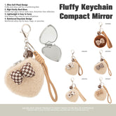Heart Plush Compact Mirror Keychain - Cute Checkered Bow Tie Faux Fur Double-Sided Folding Travel Mirror - Soft Fluffy Pocket Bag Charm Vanity Mirror with Wrist Lanyard & Bell for Women, Girls & Kids 💖🎀