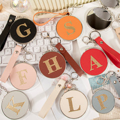 Personalized Initial Leather Compact Mirror, 70mm Round Folding Double-Sided Makeup Mirror with 95% High Reflectivity, Portable Keychain Pocket Mirror for Purse/Travel, Custom Letter Gift for Women Girls
