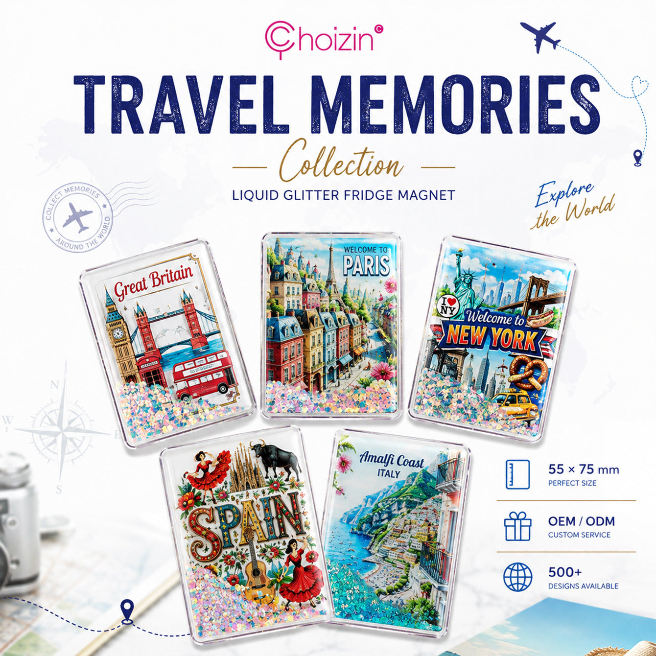 Travel memories liquid glitter fridge magnet collection