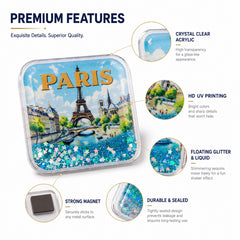 World travel liquid glitter fridge magnet premium features