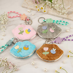 Lip-Shaped Plush Compact Mirror with Keychain - Cute 3D Fabric Flower & Fruit Decoration Folding Travel Mirror - Soft Fluffy Purse Charm Vanity Mirror for Women, Girls, Kids & Students 💋🌸