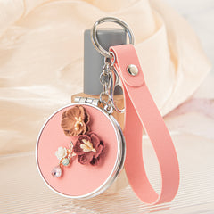 Round PU Leather Compact Mirror Keychain Wristlet 3D Camellia Flower Crystal Pendant Dual Sided Pocket Mirror Plastic Frame CZPU2405664