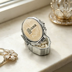 Personalized Initial Pill Box with Mirror, Resin Rhinestone Decorated Portable Pill Organizer