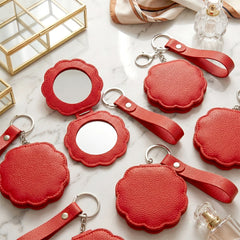 Flower-Shaped PU Leather Compact Mirror with Keychain & Wristlet - Portable Double-Sided Folding Travel Mirror - High-Definition Pocket Mirror for Women, Girls & Students, Perfect for Handbags, Backpacks & Keys 🌸✨