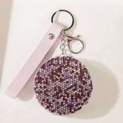 Sparkling Crystal Rhinestone Pocket Mirror Keychain PU Leather Strap Round Metal Cosmetic Mirror Bag Charm Vanity Mirror for Women