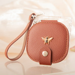 Bee Embellished Leather Compact Mirror Keychain, Round Double-Sided Folding Makeup Mirror with 95% High Reflectivity, Portable Pocket Mirror with Wrist Strap for Purse/Travel, Gift for Women & Girls