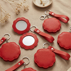 Flower-Shaped PU Leather Compact Mirror with Keychain & Wristlet - Portable Double-Sided Folding Travel Mirror - High-Definition Pocket Mirror for Women, Girls & Students, Perfect for Handbags, Backpacks & Keys 🌸✨