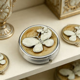 Round Rhinestone & Enamel Pill Box with Mirror, Butterfly Decor Portable Pill Organizer, Eco-Friendly Pill Case with 95% High Reflectivity Mirror for Purse/Travel, Elegant Gift for Women